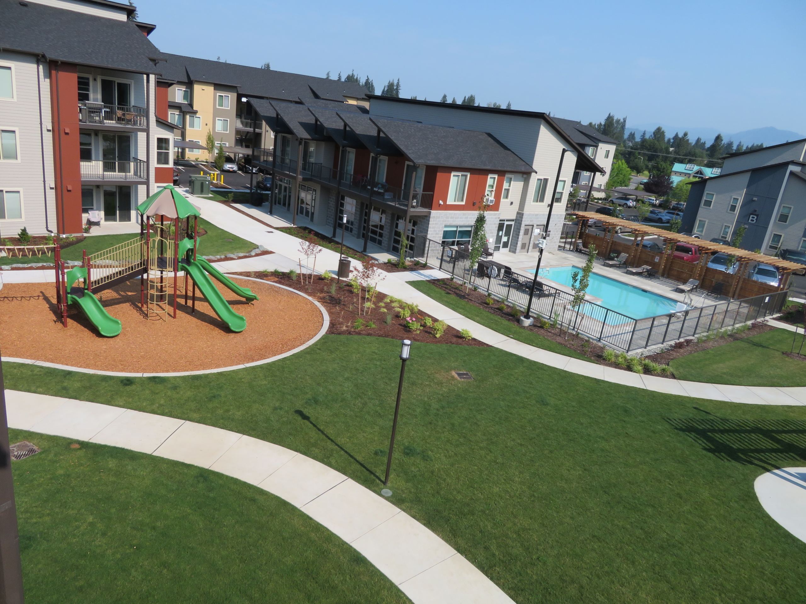 Aerial view of pool and playground