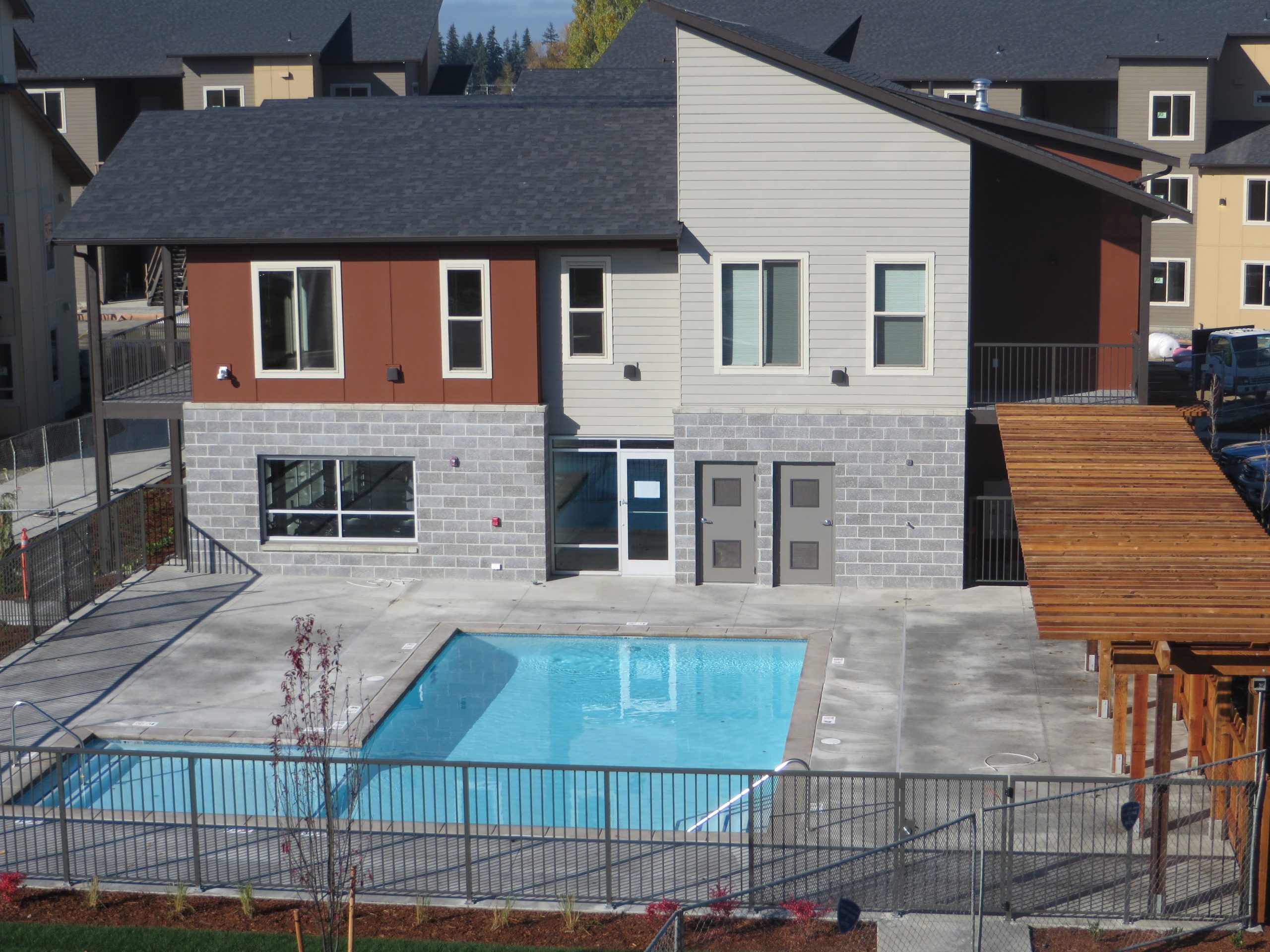 aerial view of pool and office building