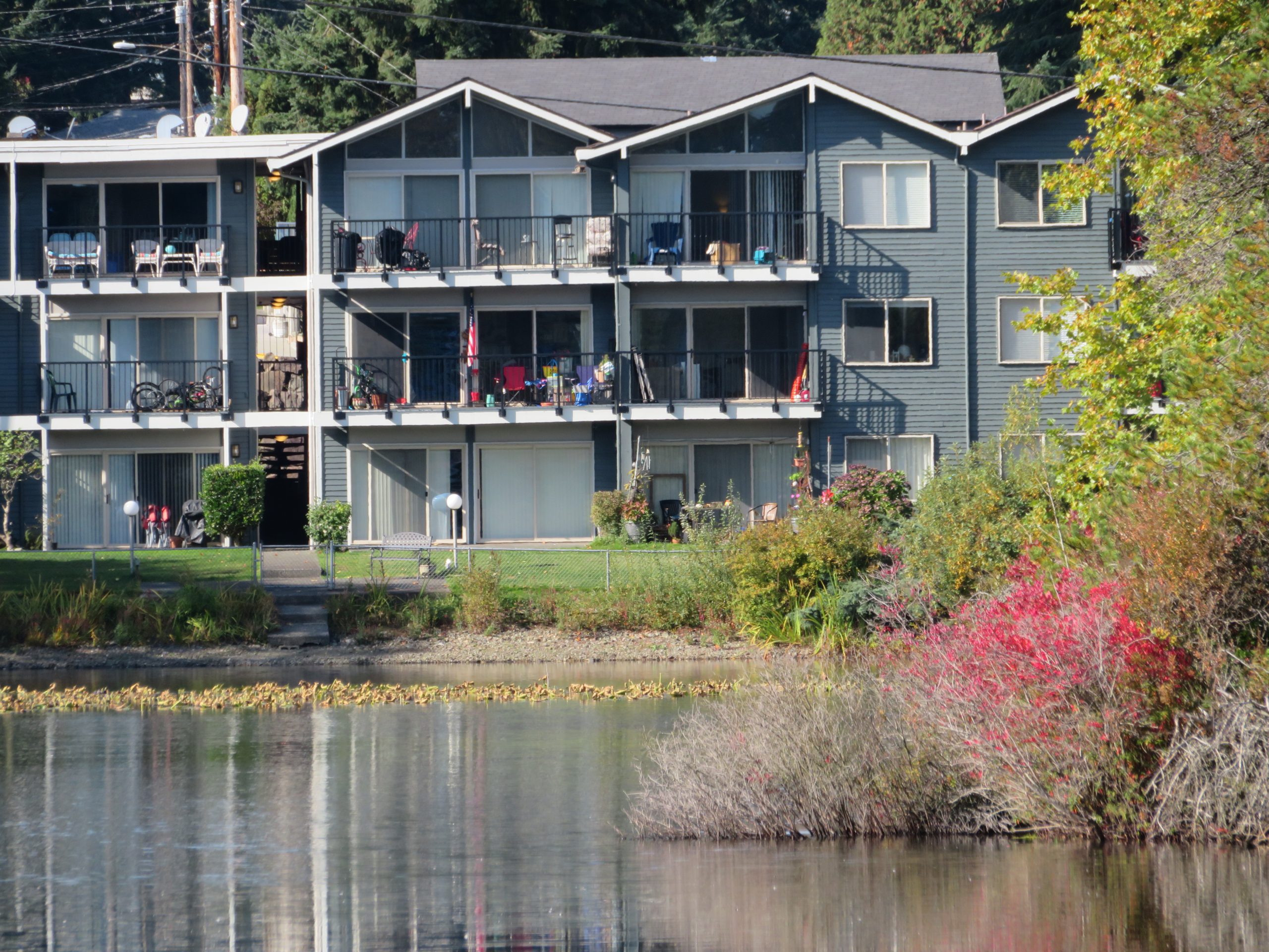 Balcony of fountainhead apartments next to lake